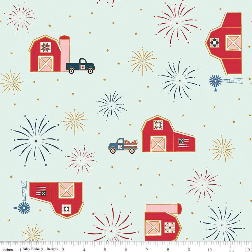 Sweet Freedom Barns on Bleached Denim with Sparkle by Beverly McCullough of Flamingo Toes; Sold in Half Yard Increments