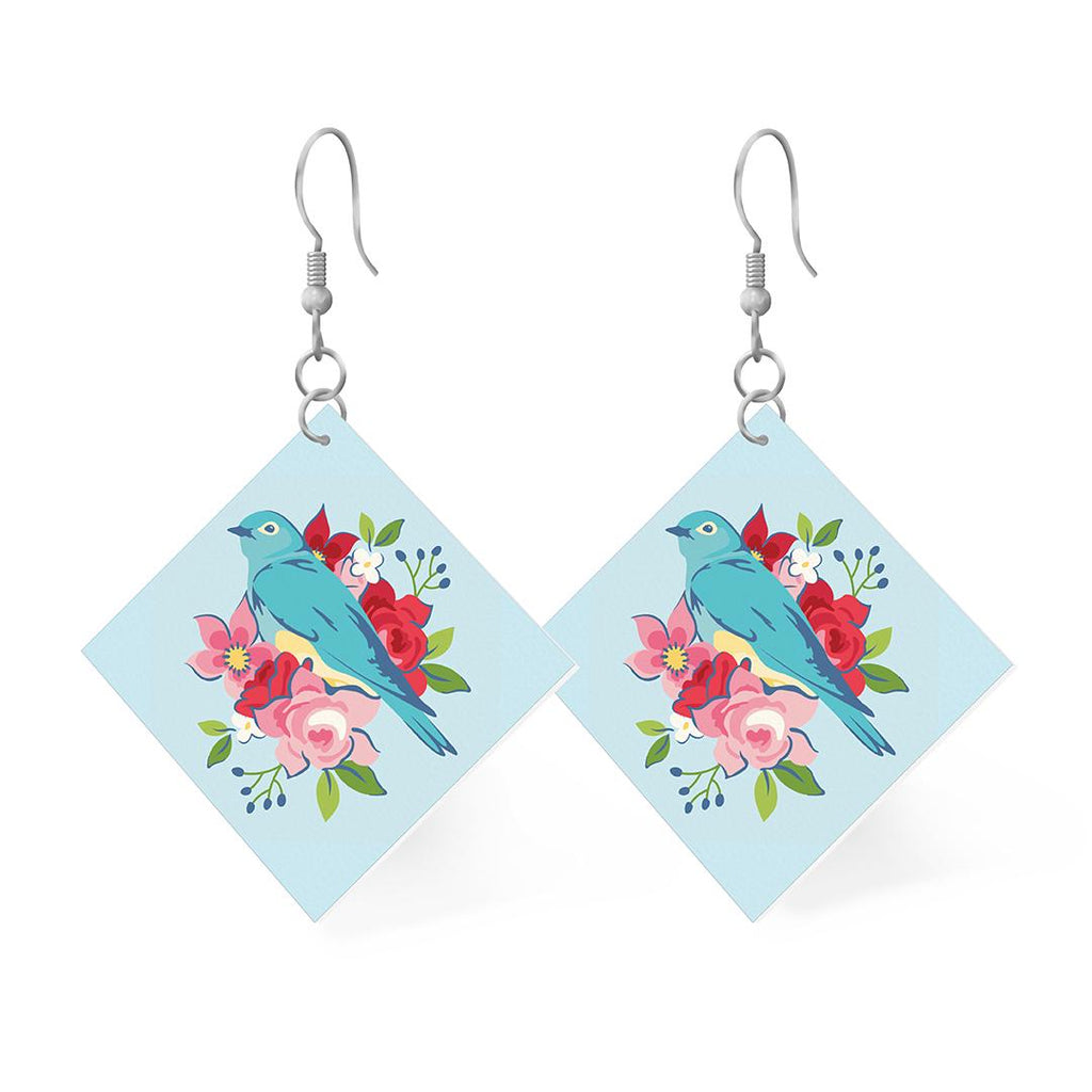 Leather Square Earrings Featuring Bluebirds by the Riley Blake Designers; Earring size is 1" x 1". Hang is 2".