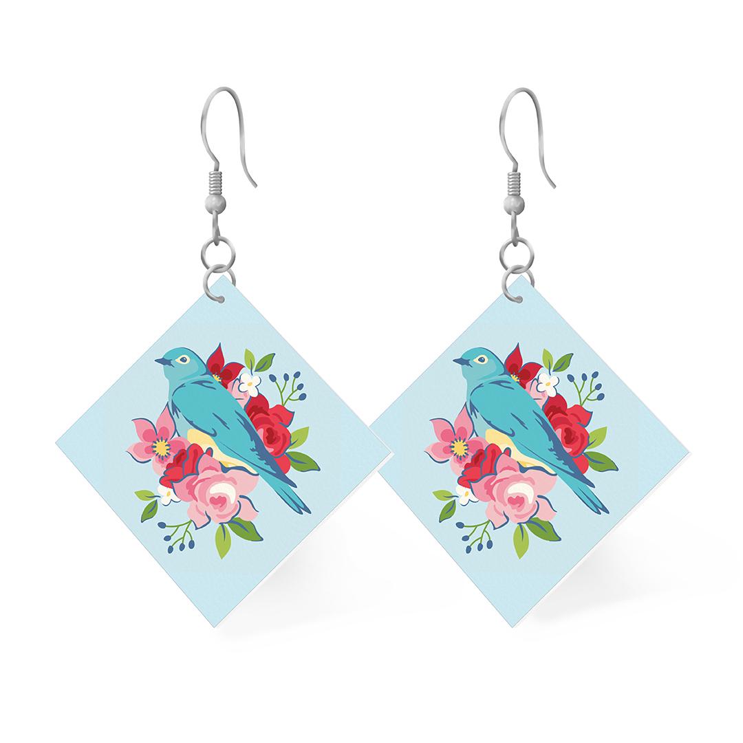 Leather Square Earrings Featuring Bluebirds by the Riley Blake Designers; Earring size is 1" x 1". Hang is 2".