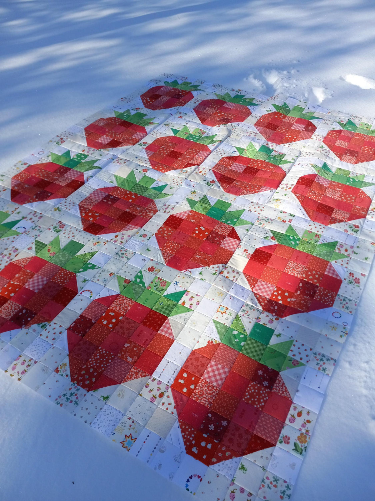 Quilt Kit for Strawberry Quilt: 13 Red FQs, 11 Green Fat Eighths, 16 Low Volume FQs for a Scrappy Happy Strawberry Quilt approx. 75" x 99"