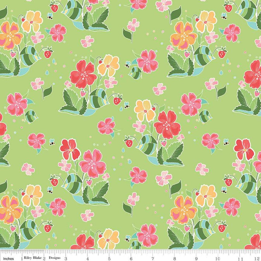 Fat Quarter Only: Strawberry Honey - Main Print in Key Lime Green by Gracey Larson