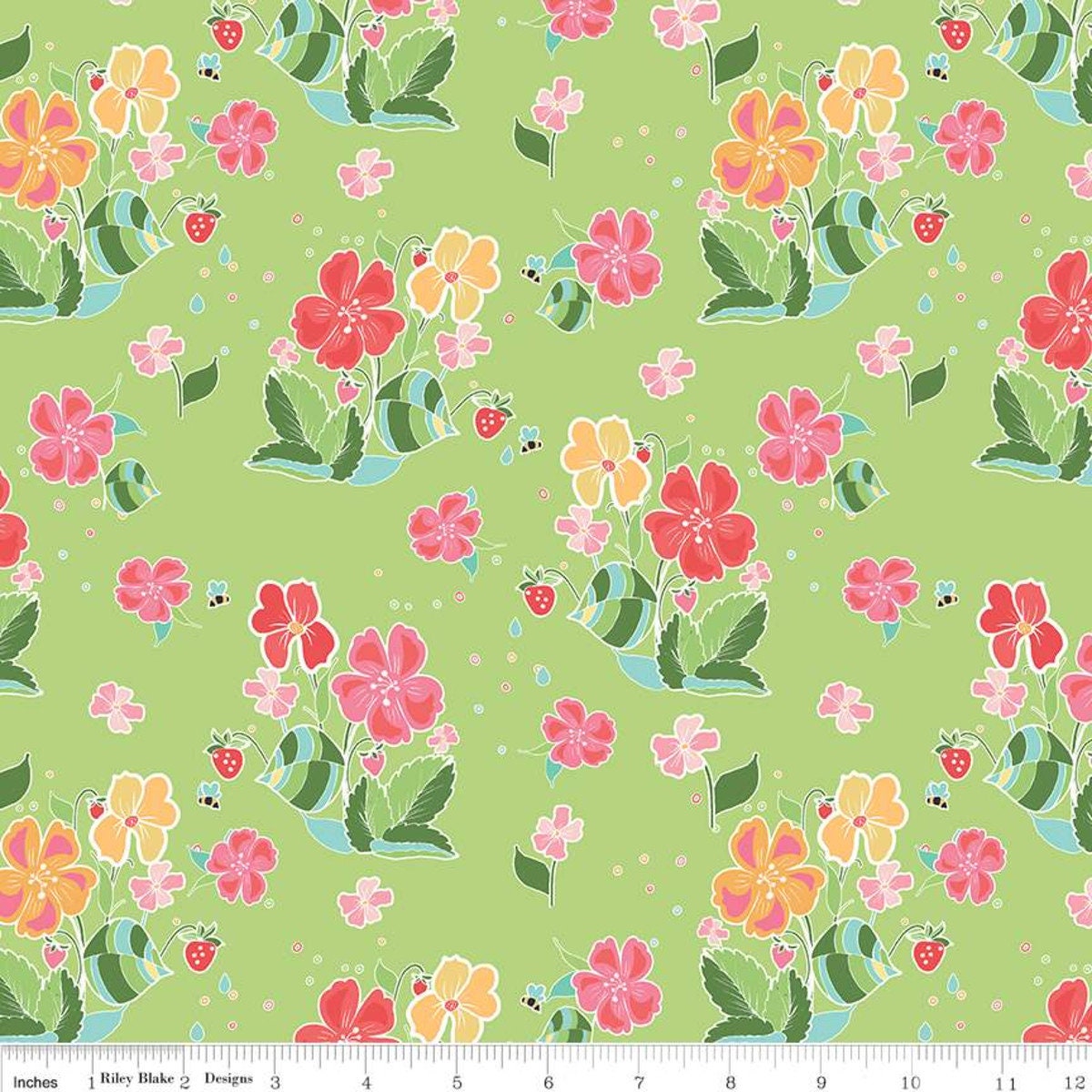 Fat Quarter Only: Strawberry Honey - Main Print in Key Lime Green by Gracey Larson