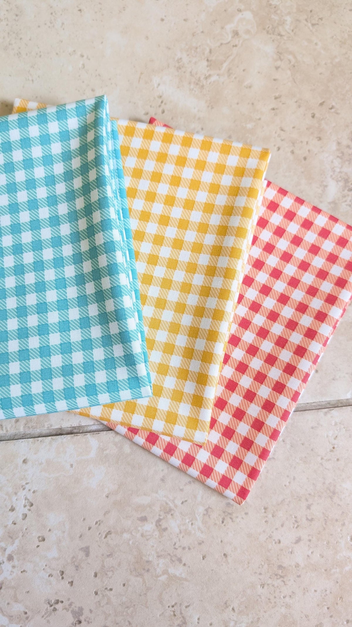 Gingham Binding Bundle with Prints from First Blooms by Heather Peterson of Anka's Treasures; Three 3/4 yard pieces in Blue, Yellow, and Red