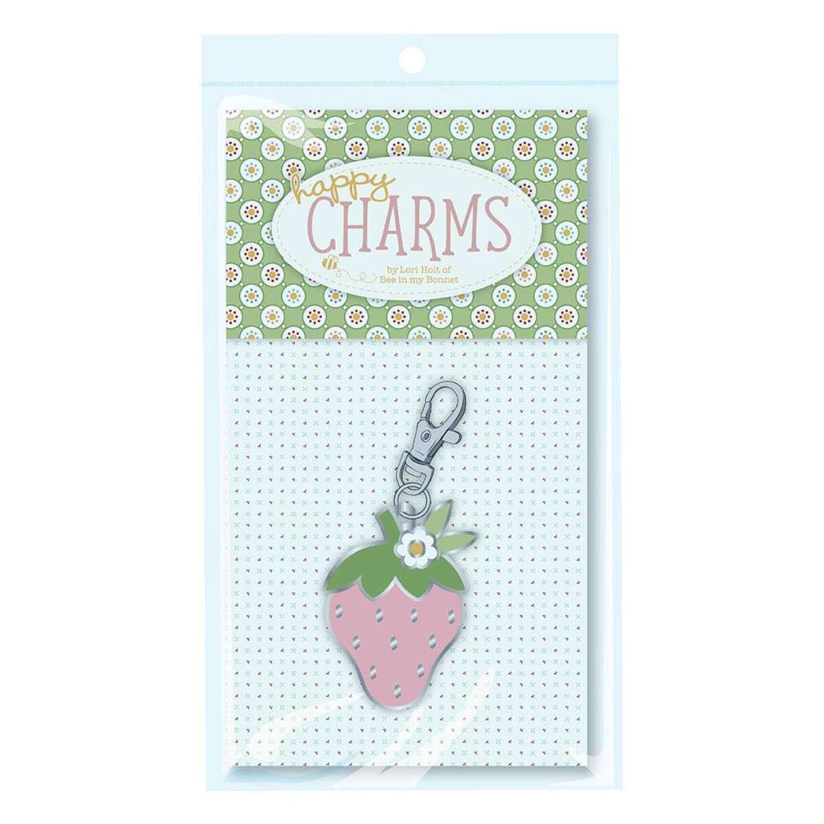 Pink Strawberry Enamel Happy Charm for Cookbook Collection by Lori Holt of Bee in my Bonnet; Approx. 1" x 1 1/2" zipper pull