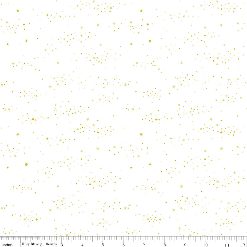 Essence Starlight in Gold on White by Fran Gulick of Cotton and Joy; Sold in Half Yard Increments