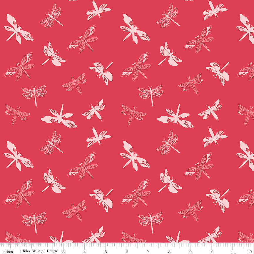 Awakening Libellulas Dragonflies on Cayenne Red by Cherry Guidry of Cherry Blossoms; Sold in Half Yard Increments