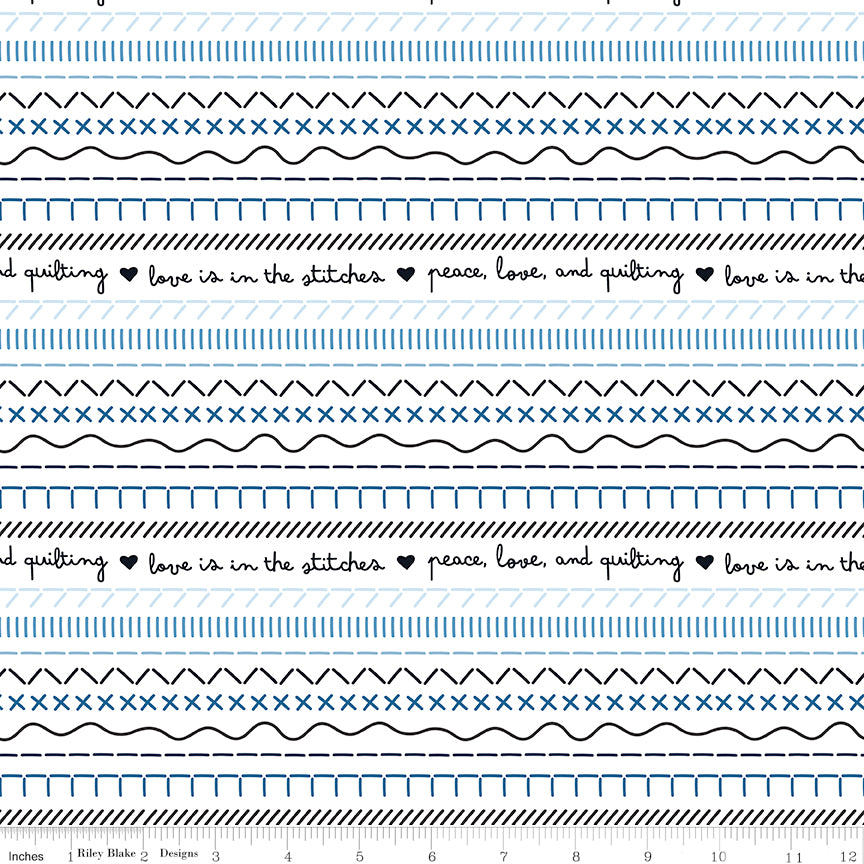 Blue Blooms and Threads: Stitches on White by Christopher Thompson; Sold in Half Yard Increments