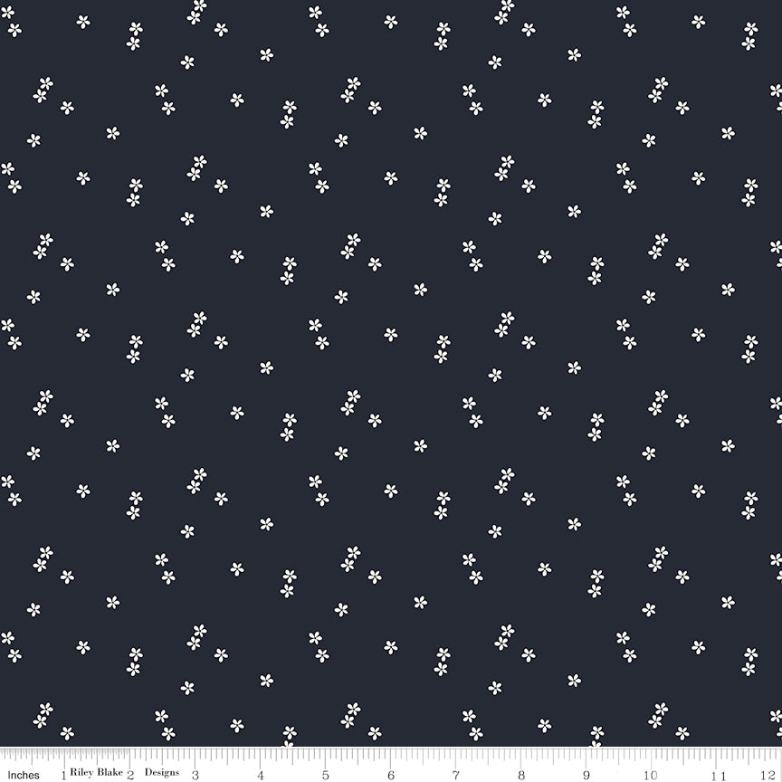 Blue Blooms and Threads Ditzy on Navy by Christopher Thompson; Sold in Half Yard Increments