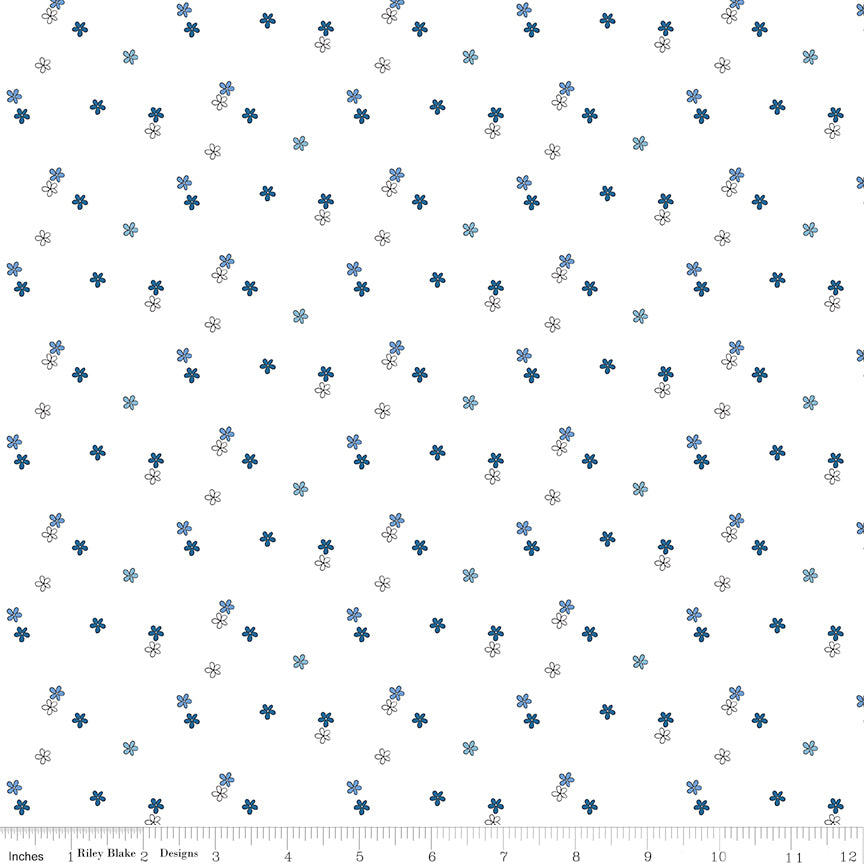Blue Blooms and Threads Ditzy on White by Christopher Thompson; Sold in Half Yard Increments