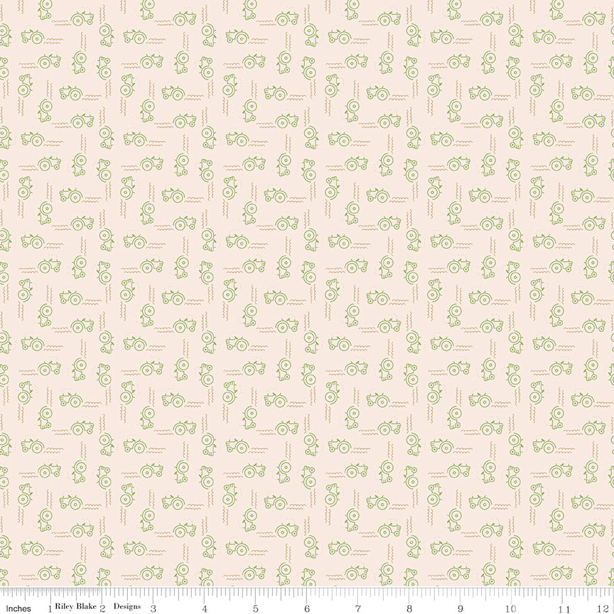 Farmer's Daughter Tractors Background in Thyme (Green) by Lori Holt of Bee in my Bonnet; Sold in Half Yard Increments