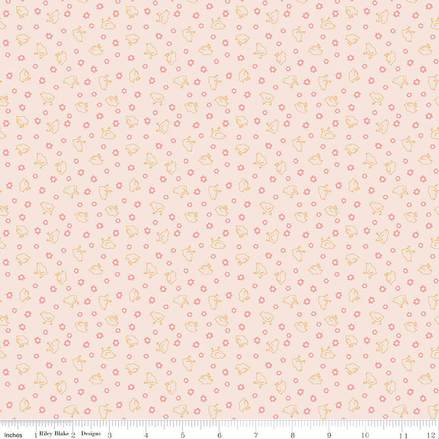 Farmer's Daughter Baby Chicks Background in Yellow and Coral by Lori Holt of Bee in my Bonnet; Sold in Half Yard Increments