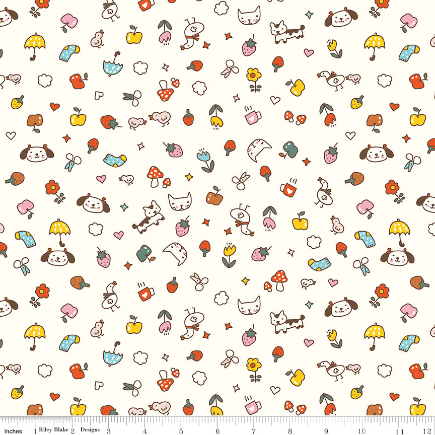 Serendipity 2 Toss on Cream by Minki Kim of Sewing Illustration; Sold in Half Yard Increments