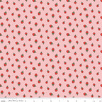 Serendipity 2 Strawberries on Pink by Minki Kim of Sewing Illustration; Sold in Half Yard Increments