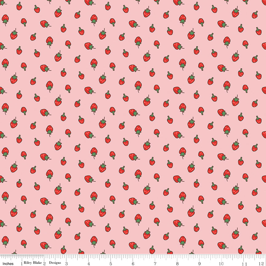 Serendipity 2 Strawberries on Pink by Minki Kim of Sewing Illustration; Sold in Half Yard Increments