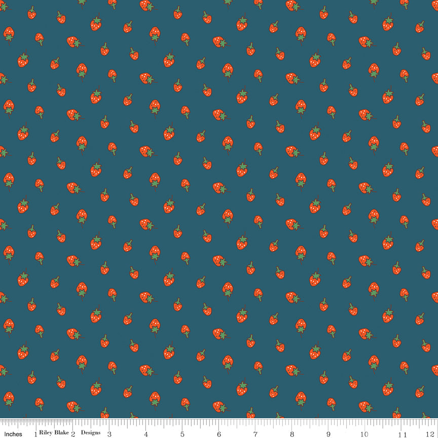 Serendipity 2 Strawberries on Stargazer (Navy Blue) by Minki Kim of Sewing Illustration; Sold in Half Yard Increments