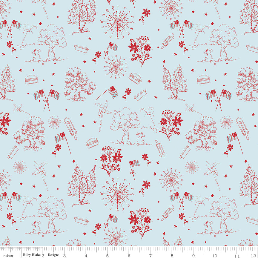 Firework Fields Independence Toile in Light Blue by Gracey Larson; Sold in Half Yard Increments