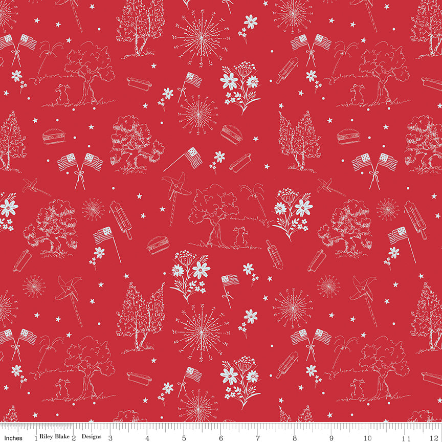 Firework Fields Independence Toile in Red by Gracey Larson; Sold in Half Yard Increments