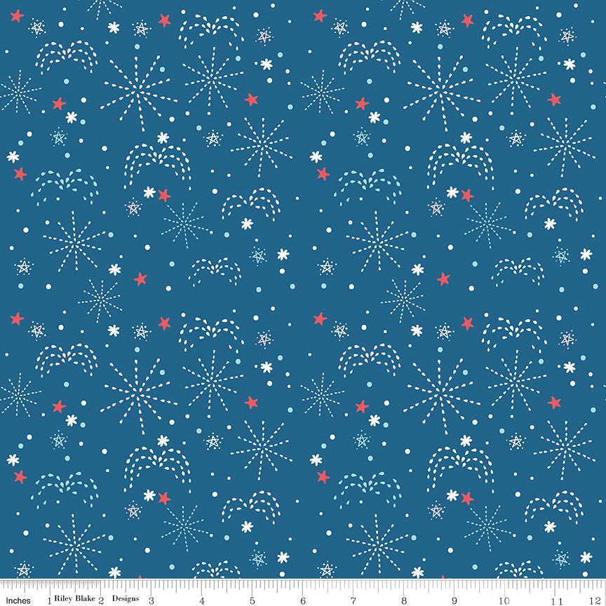 Firework Fields Fireworks on Coastal Blue by Gracey Larson; Sold in Half Yard Increments