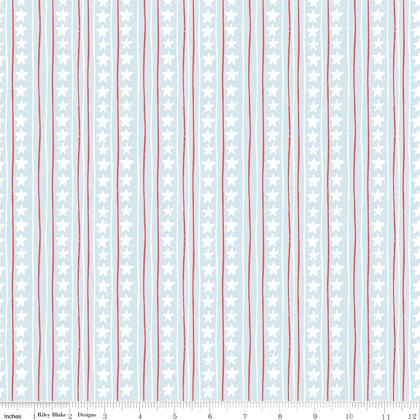 Firework Fields Stars and Stripes in Light Blue by Gracey Larson; Sold in Half Yard Increments