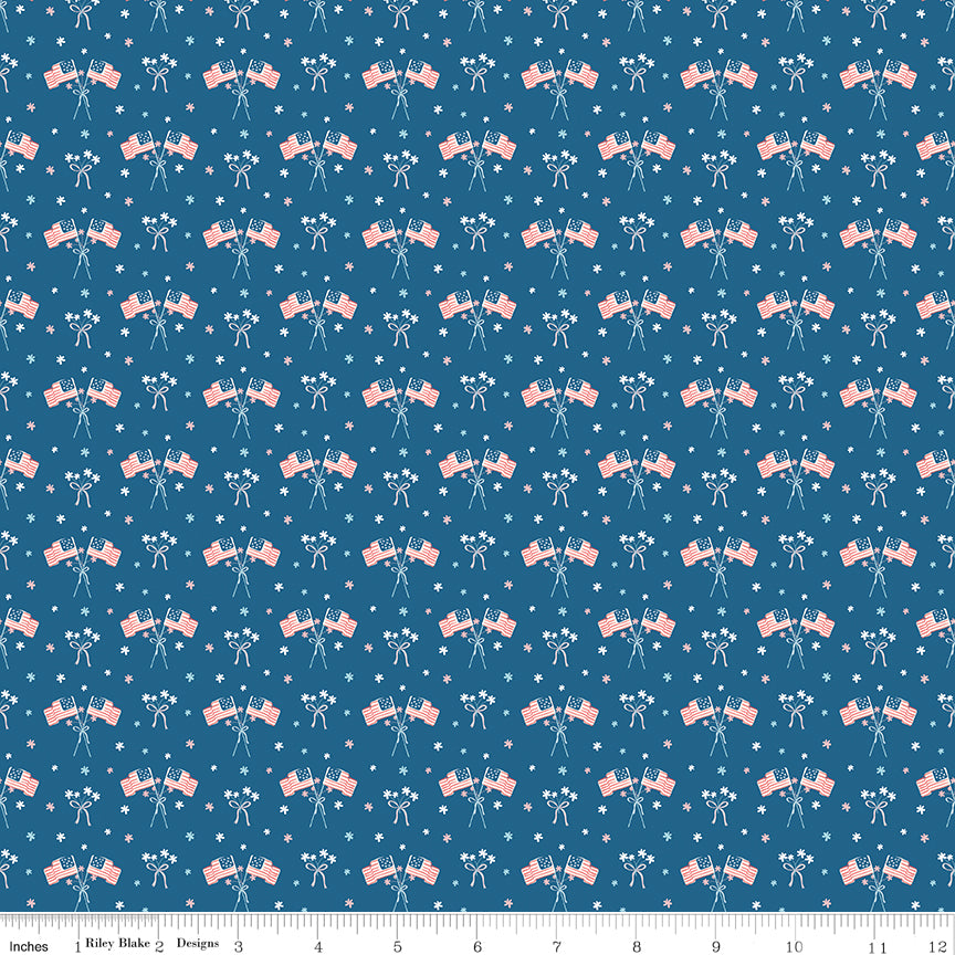 Firework Fields Flags on Coastal Blue by Gracey Larson; Sold in Half Yard Increments