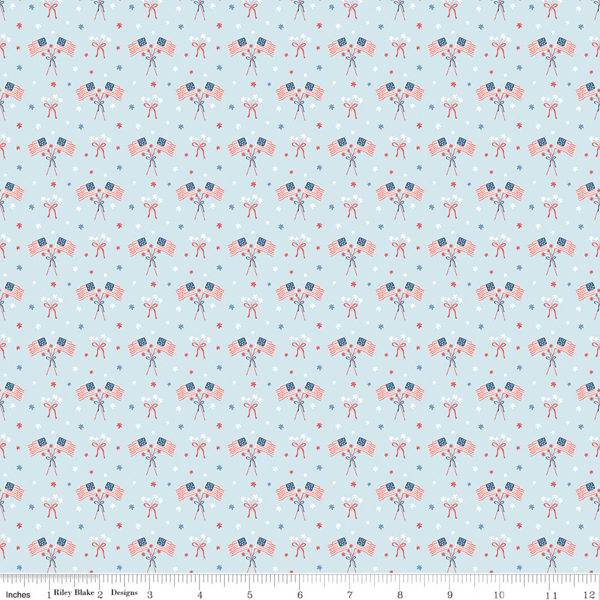 Firework Fields Flags on Light Blue by Gracey Larson; Sold in Half Yard Increments