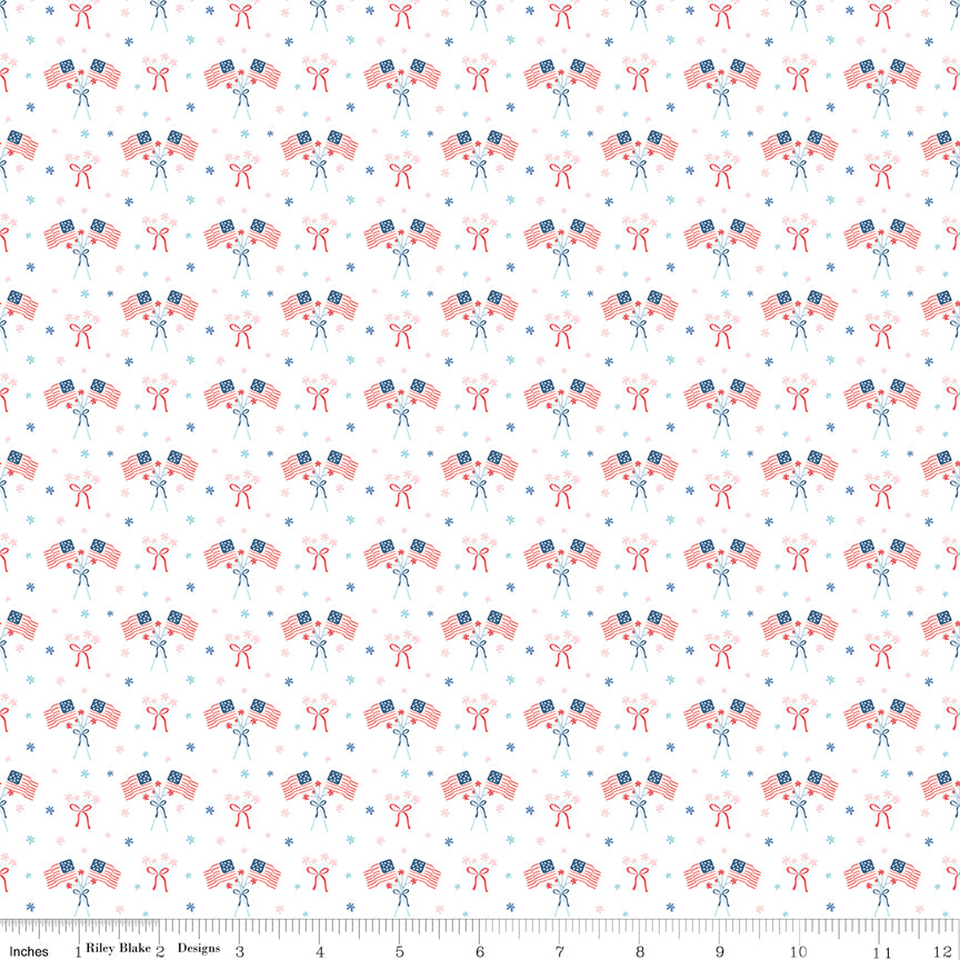 Firework Fields Flags on White by Gracey Larson; Sold in Half Yard Increments
