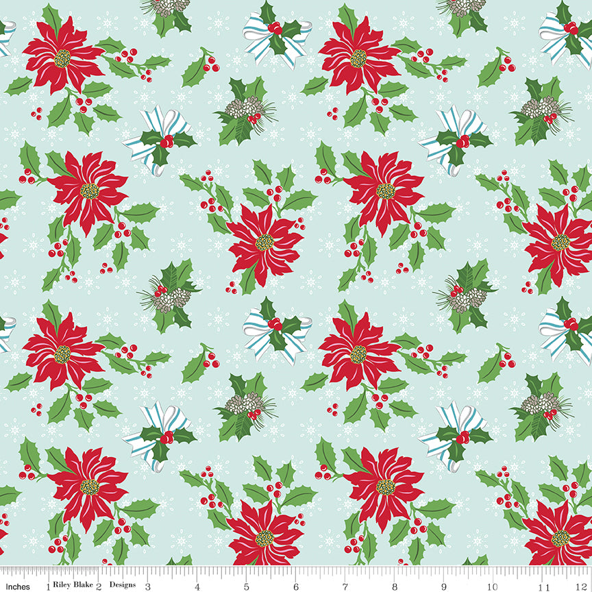 Claus & Co. Poinsettia Print on Light Blue by Melissa Mortenson; Sold in Half Yard Increments