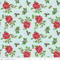 Claus & Co. Poinsettia Print on Light Blue by Melissa Mortenson; Sold in Half Yard Increments