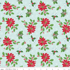 Claus & Co. Poinsettia Print on Light Blue by Melissa Mortenson; Sold in Half Yard Increments
