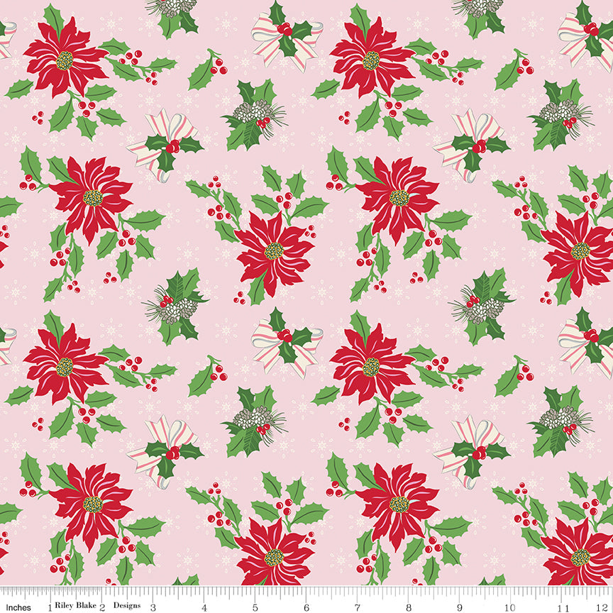 Claus & Co. Poinsettia Print on Light Pink by Melissa Mortenson; Sold in Half Yard Increments
