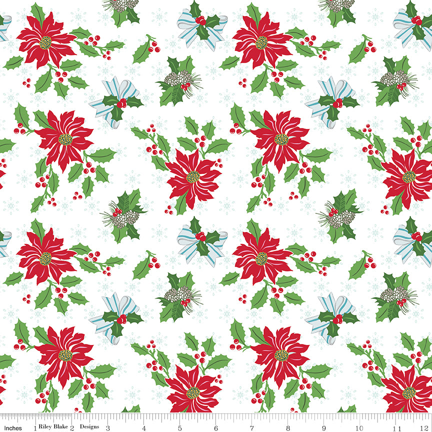 Claus & Co. Poinsettia Print on White by Melissa Mortenson; Sold in Half Yard Increments