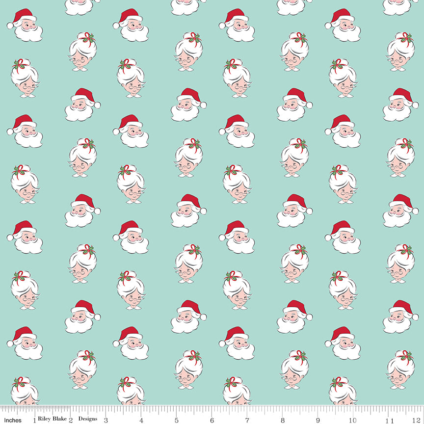 Claus & Co. Santa Heads on Blue by Melissa Mortenson; Sold in Half Yard Increments