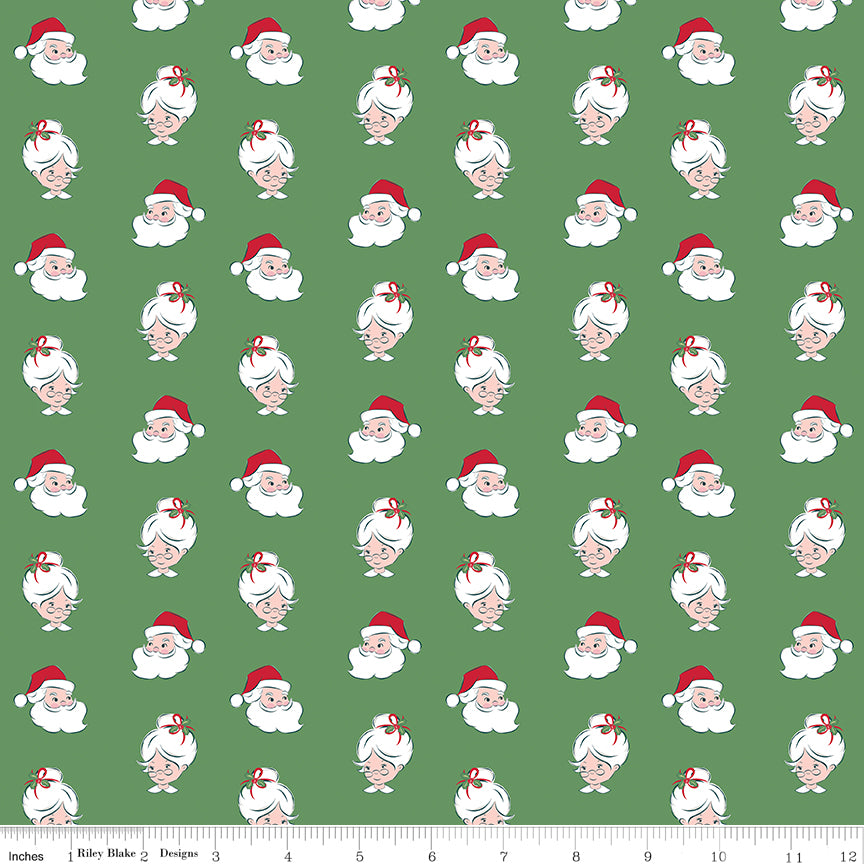 Claus & Co. Santa Heads on Green by Melissa Mortenson; Sold in Half Yard Increments