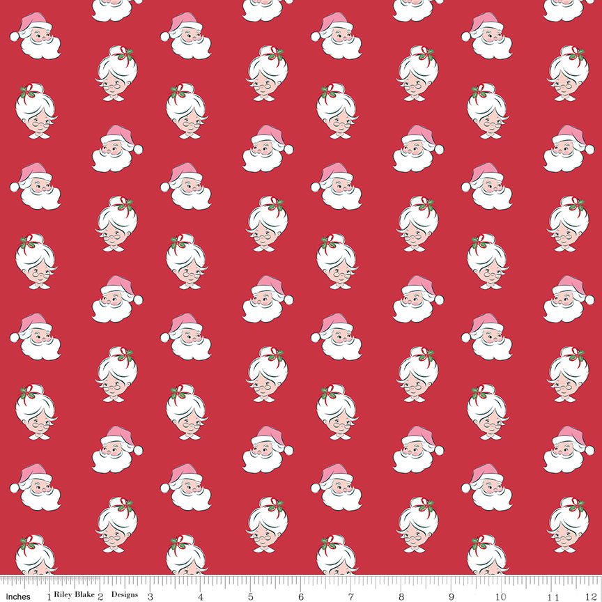 Claus & Co. Santa Heads on Red by Melissa Mortenson; Sold in Half Yard Increments
