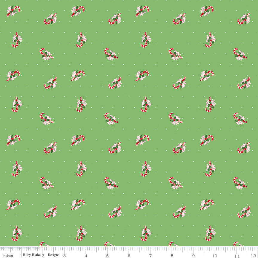 Claus & Co. Candy Cane Toss on Green by Melissa Mortenson; Sold in Half Yard Increments