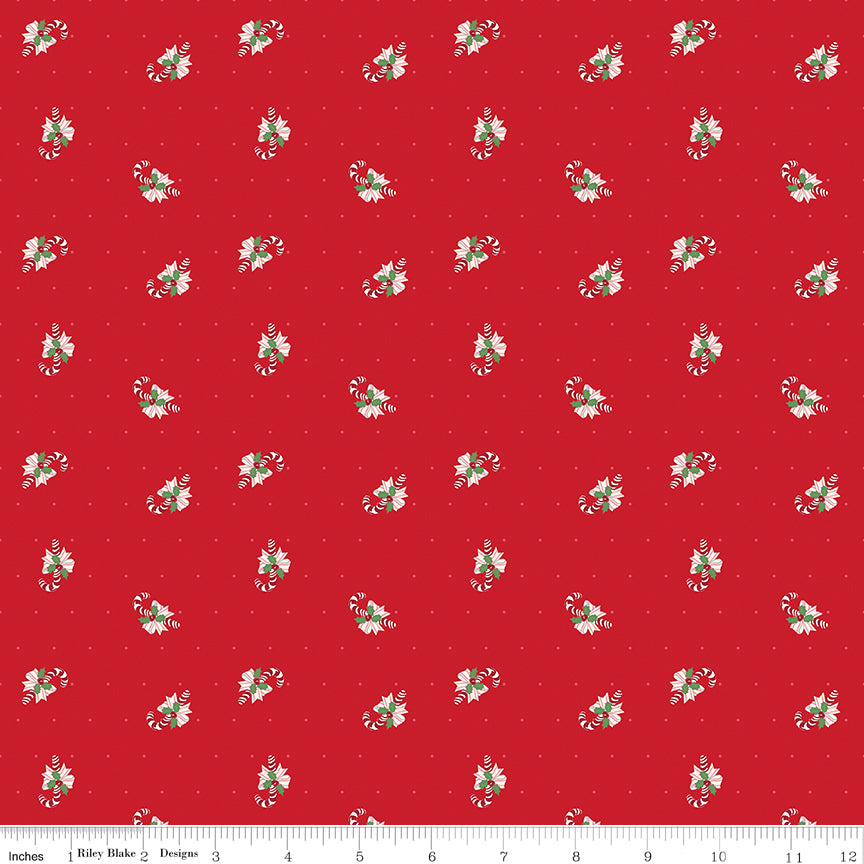 Claus & Co. Candy Cane Toss on Red by Melissa Mortenson; Sold in Half Yard Increments