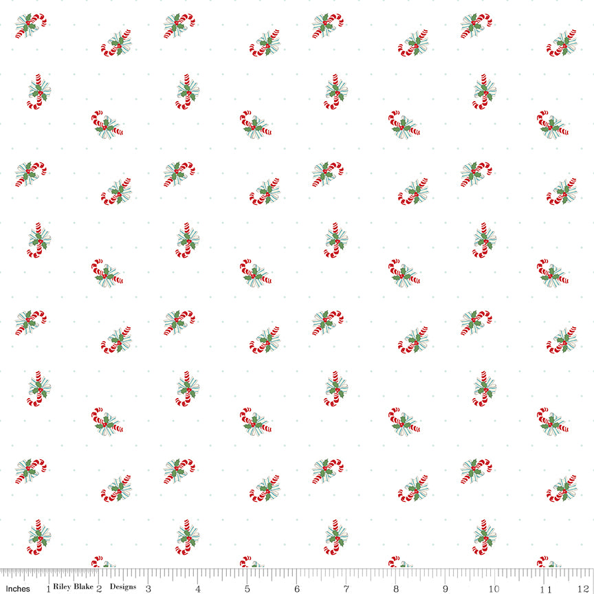 Claus & Co. Candy Cane Toss on White by Melissa Mortenson; Sold in Half Yard Increments