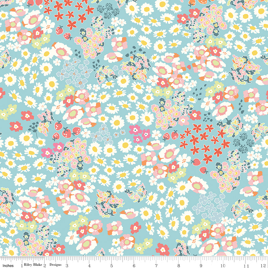 Cotton Nook Flowerbed in Blue by Minki Kim of Sewing Illustration; Sold in Half Yard Increments