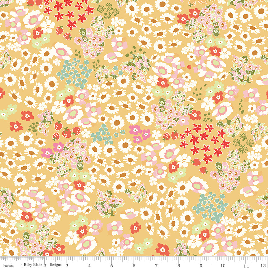 Cotton Nook Flowerbed in Yellow by Minki Kim of Sewing Illustration; Sold in Half Yard Increments