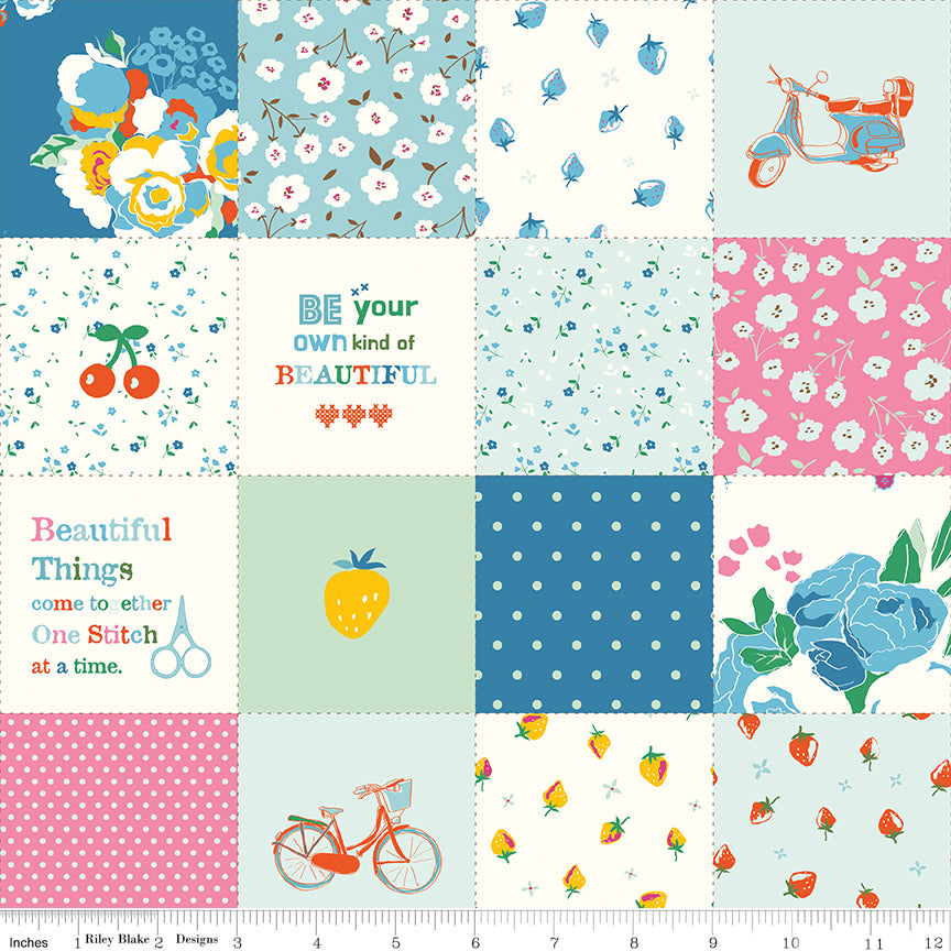 Cotton Nook Patchwork in Blue by Minki Kim of Sewing Illustration; Sold in Half Yard Increments