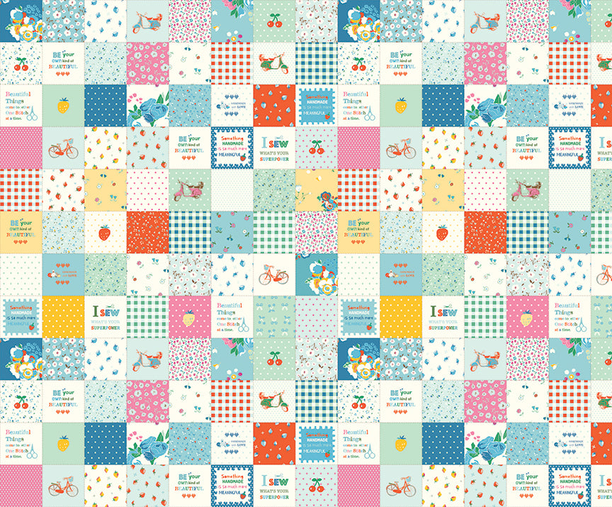 Cotton Nook Patchwork in Blue by Minki Kim of Sewing Illustration; Sold in Half Yard Increments