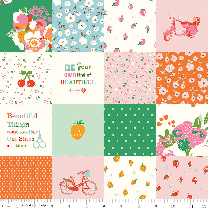 Cotton Nook Patchwork in Green by Minki Kim of Sewing Illustration; Sold in Half Yard Increments