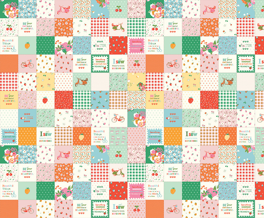 Cotton Nook Patchwork in Green by Minki Kim of Sewing Illustration; Sold in Half Yard Increments