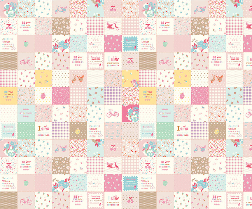 Cotton Nook Patchwork in Pink by Minki Kim of Sewing Illustration; Sold in Half Yard Increments