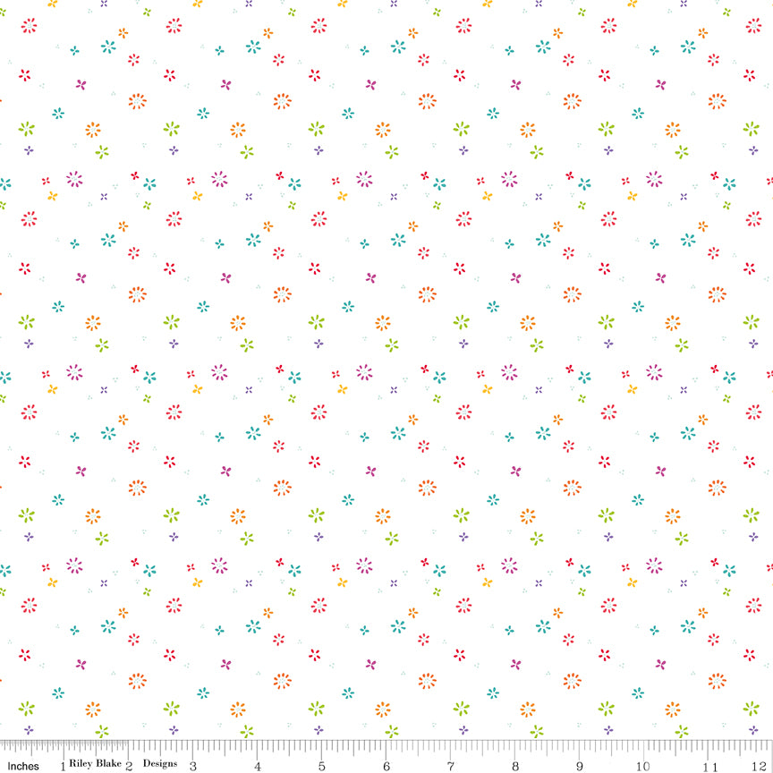Chasing Rainbows Garden Sprinkles in White by Leslie Ryan; Sold in Half Yard Increments