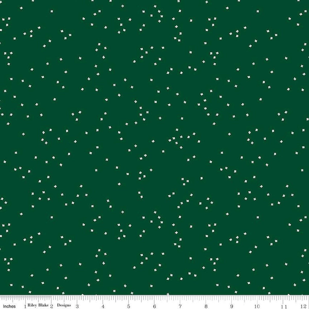 Blossom - White Confetti on Christmas Green by Christopher Thompson; Sold in Half Yard Increments