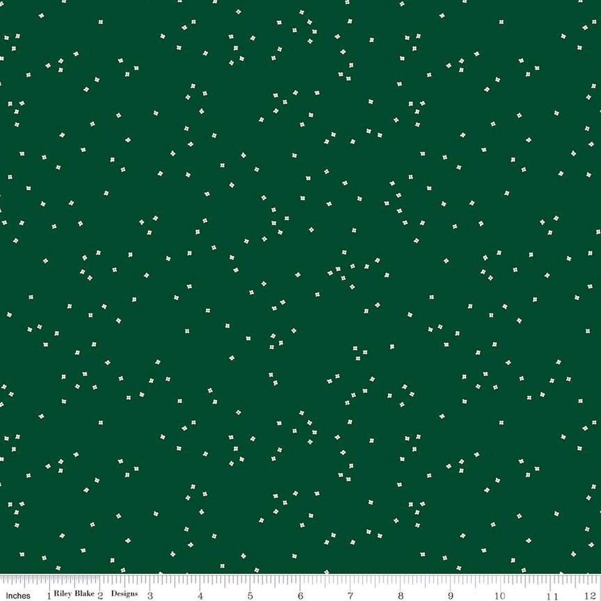 Blossom - White Confetti on Christmas Green by Christopher Thompson; Sold in Half Yard Increments