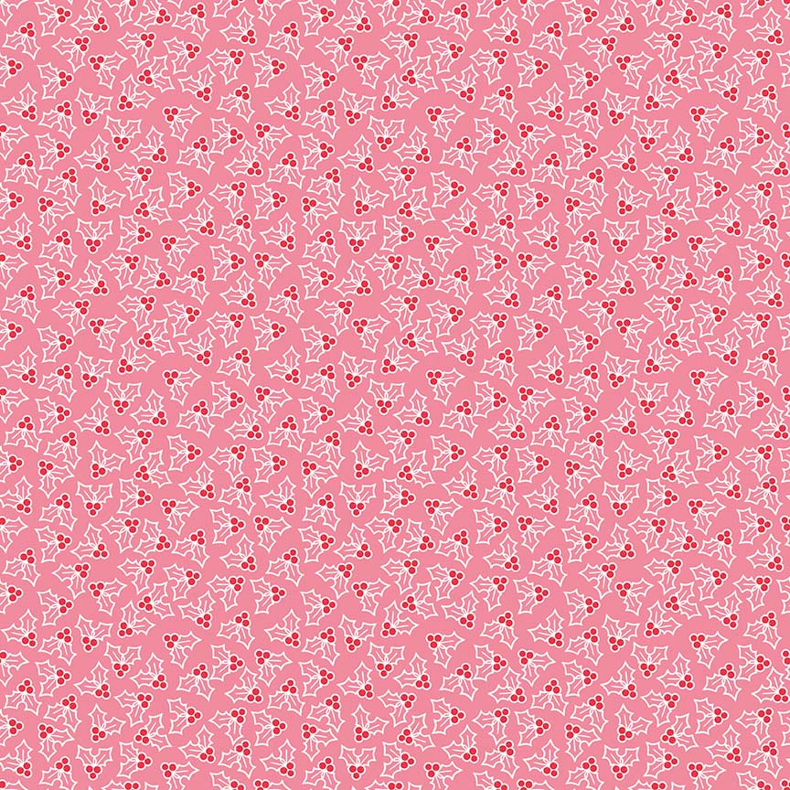 Cozy Christmas Holly on Pink by Lori Holt; Sold in Half Yard Increments