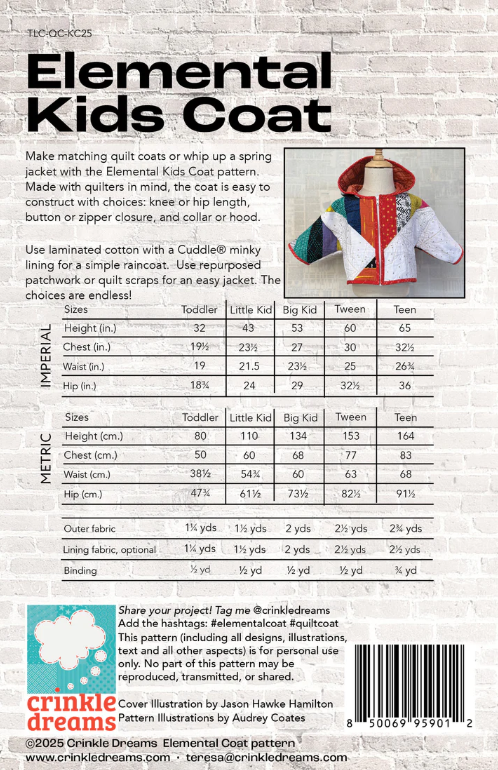 Elemental Kids Coat Pattern by Teresa Coates of Crinkle Dreams; Fits Kids from Toddler to Teen; PAPER Pattern