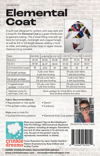Elemental Coat Pattern by Teresa Coates of Crinkle Dreams; Quilt Coat PAPER Pattern